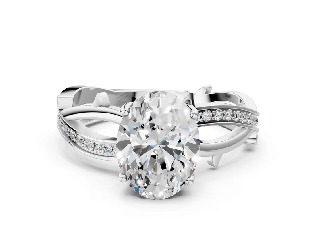 White gold Oval Solitaire Twist Band with Pavé Accents and Four-Prong Setting_20