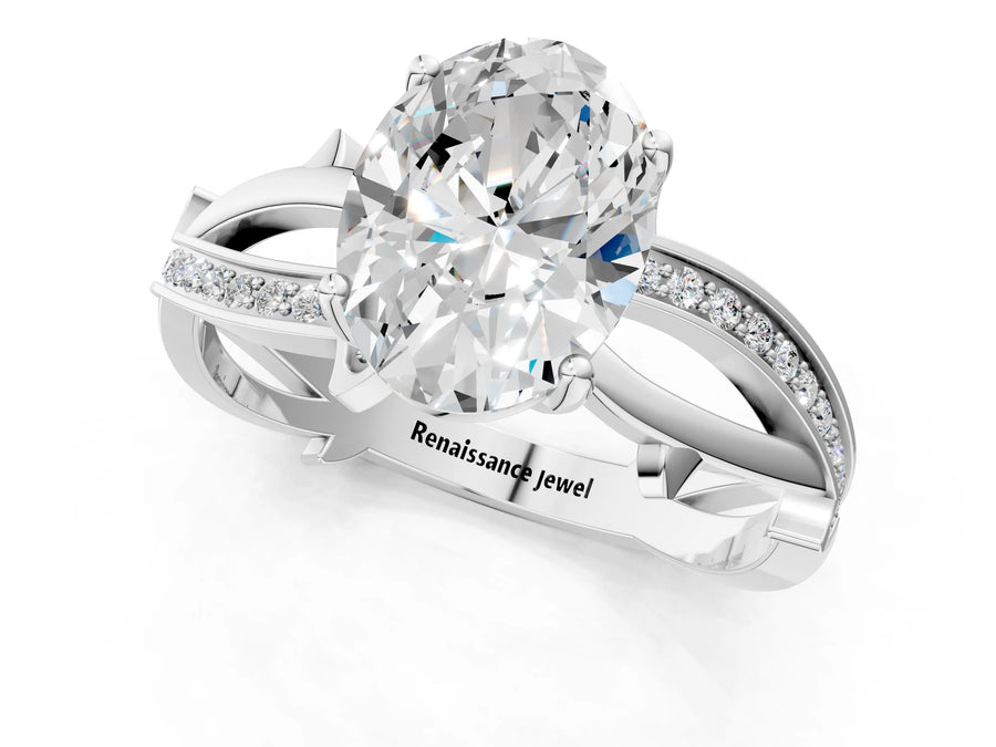 White gold Oval Solitaire Twist Band with Pavé Accents and Four-Prong Setting
