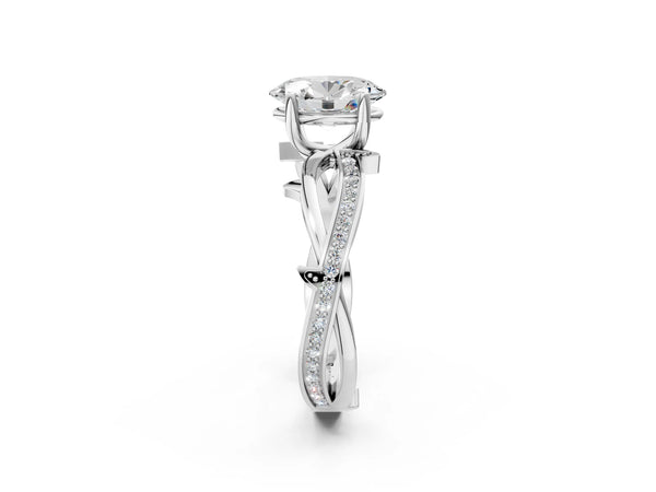 White gold Oval Solitaire Twist Band with Pavé Accents and Four-Prong Setting