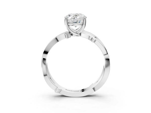 White gold Oval Solitaire Twist Band with Pavé Accents and Four-Prong Setting