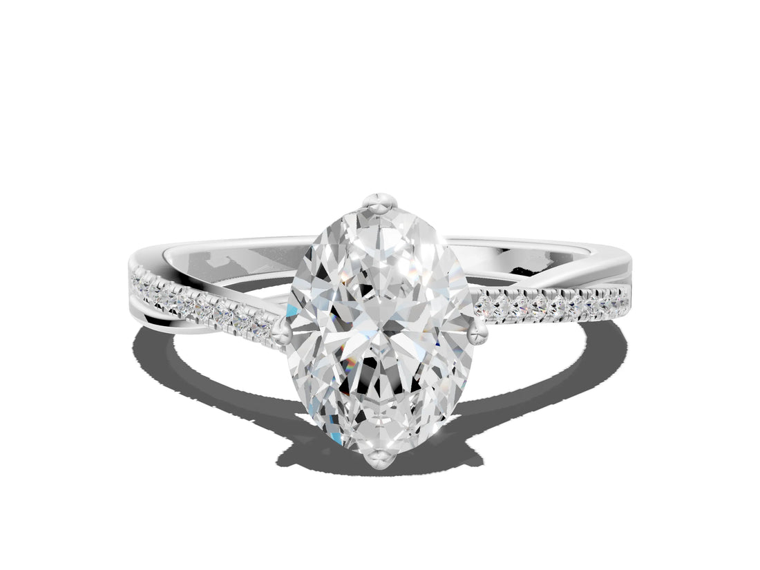 White gold Oval Solitaire Twist Band with Pavé Diamonds and Four-Prong Setting_77