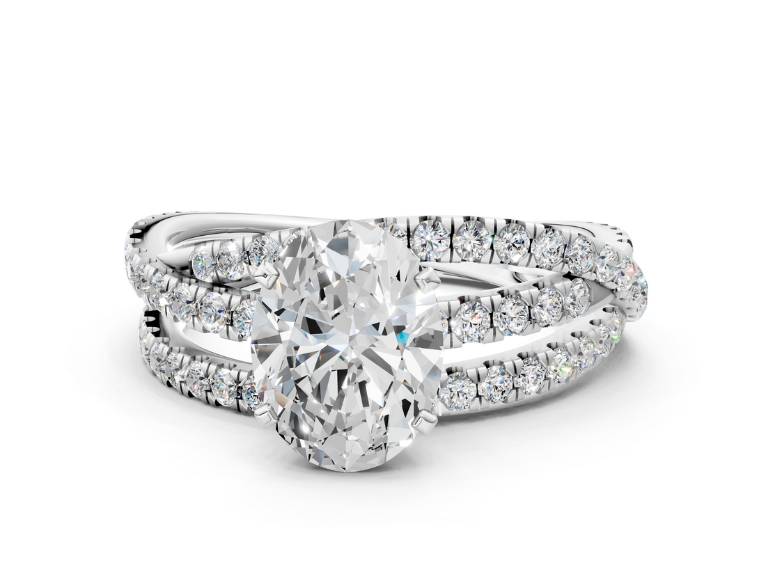 White gold Oval Solitaire Twist Band with Pavé Setting and Four-Prong Setting_120