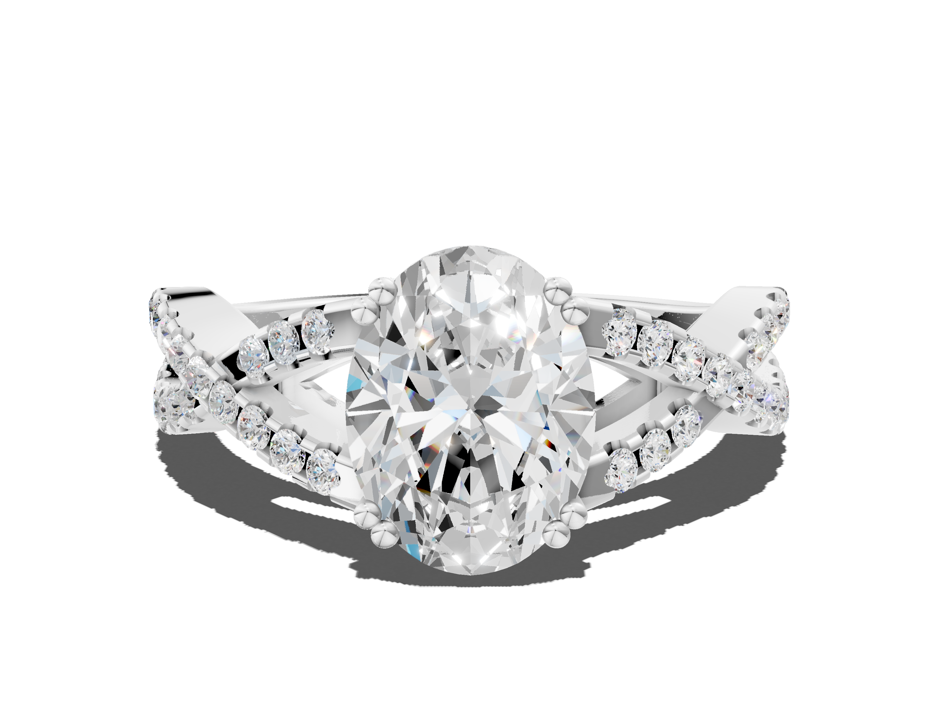 White gold Oval Solitaire Twist Band with Pavé Setting and Four-Prong Setting_40