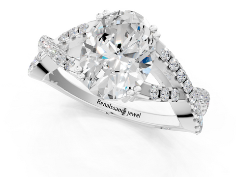 White gold Oval Solitaire Twist Band with Pavé Setting and Four-Prong Setting_41