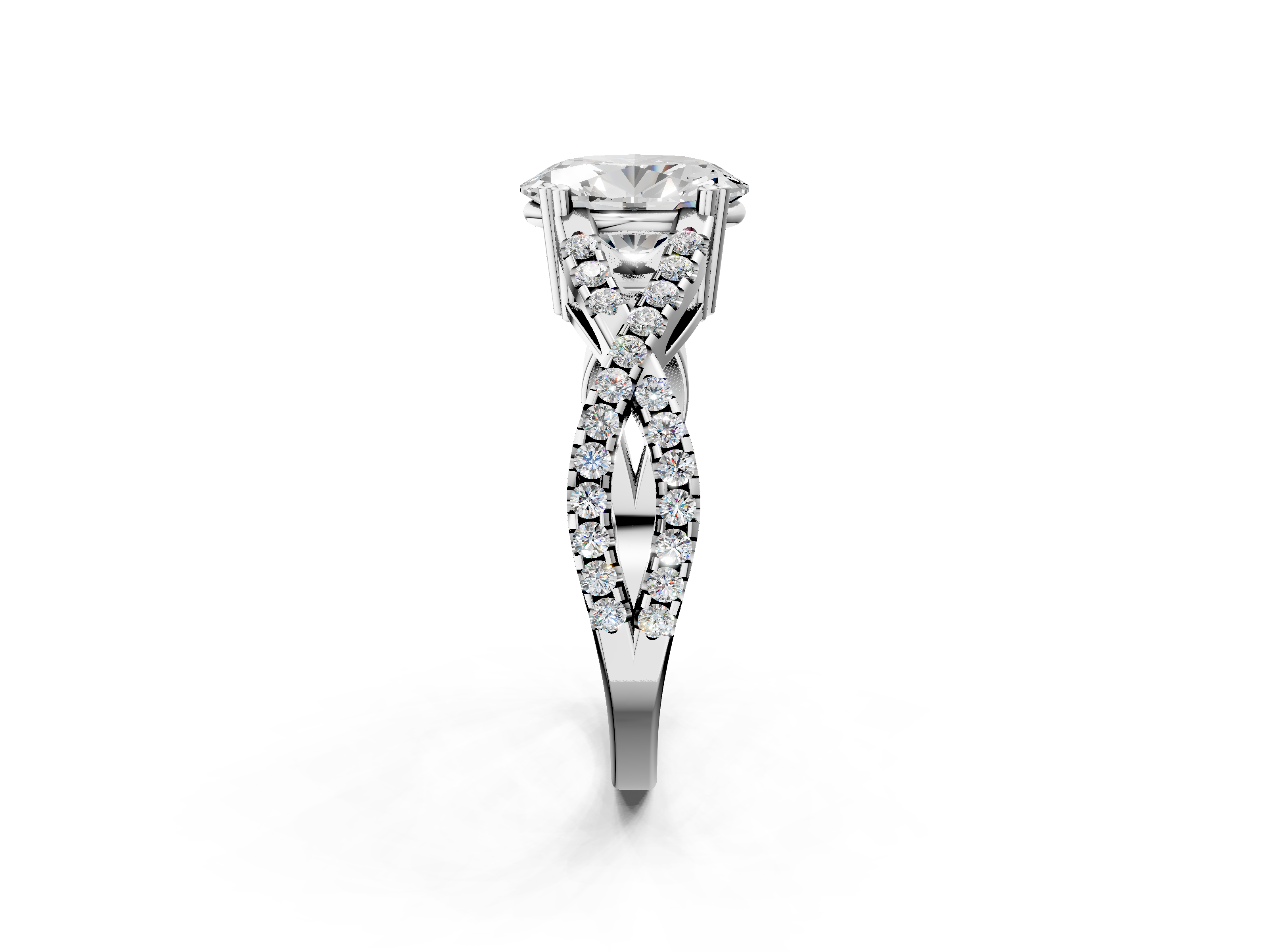 White gold Oval Solitaire Twist Band with Pavé Setting and Four-Prong Setting_42