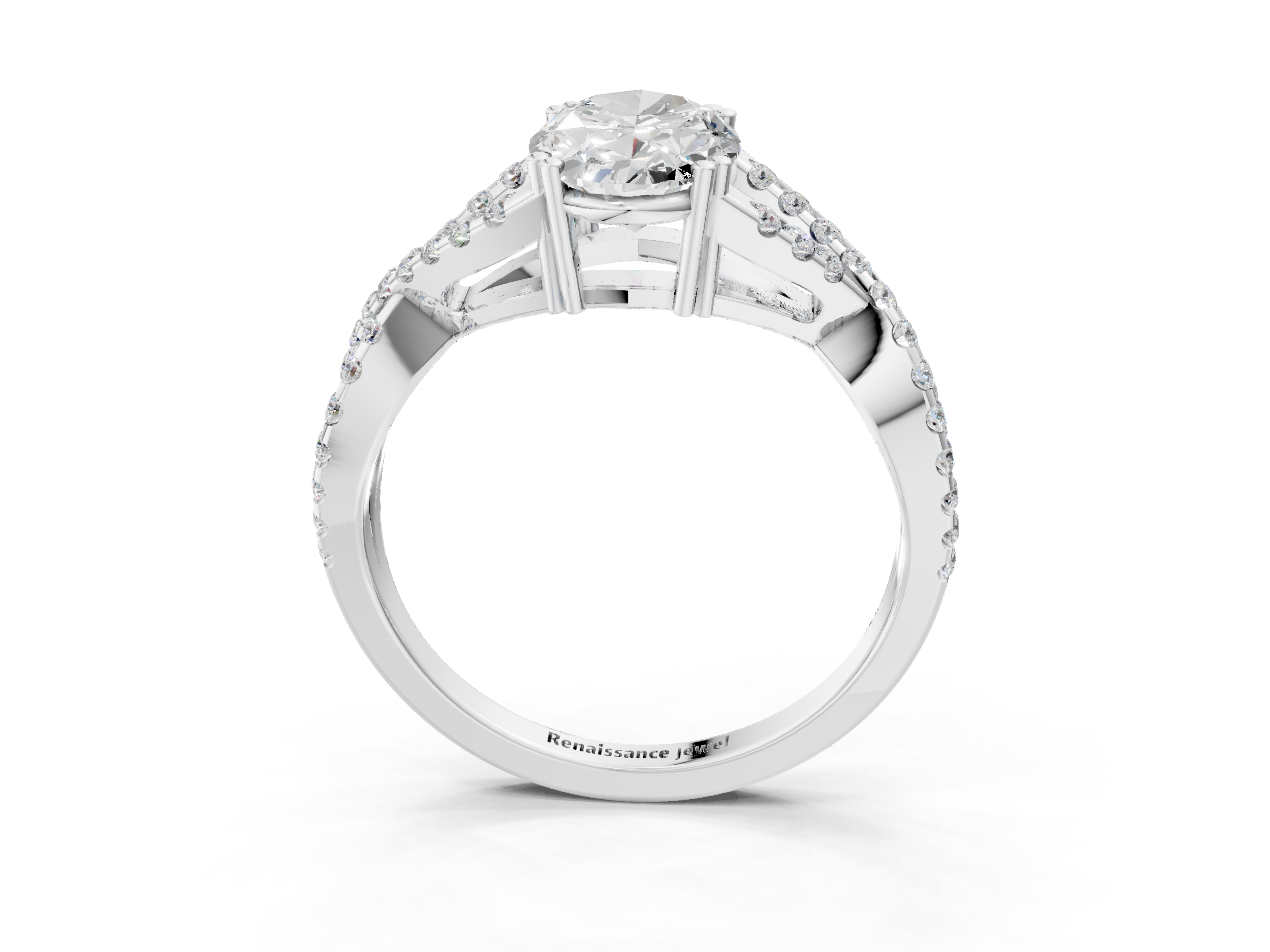 White gold Oval Solitaire Twist Band with Pavé Setting and Four-Prong Setting_43