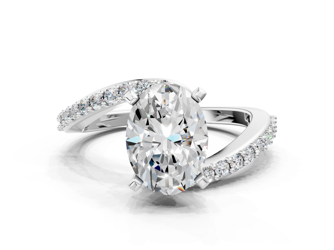 White gold Oval Solitaire Twist Band with Pave Set Diamonds and Four-Prong Setting_181