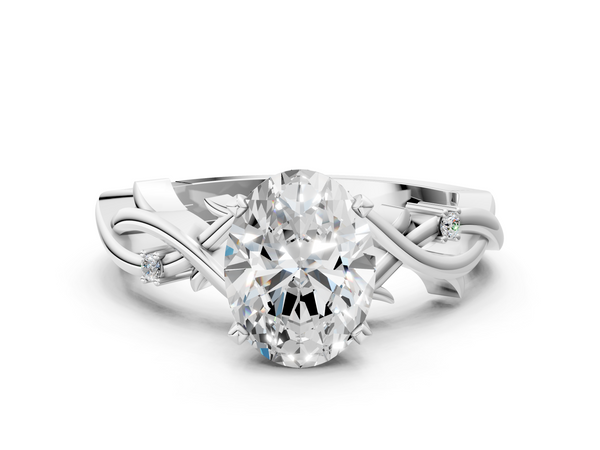 White gold Oval Cut Diamond Solitaire Ring with Twisted Band and Prong Setting
