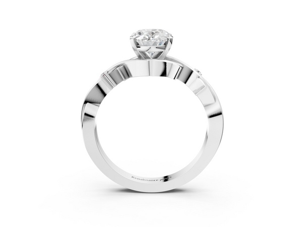 White gold Oval Cut Diamond Solitaire Ring with Twisted Band and Prong Setting