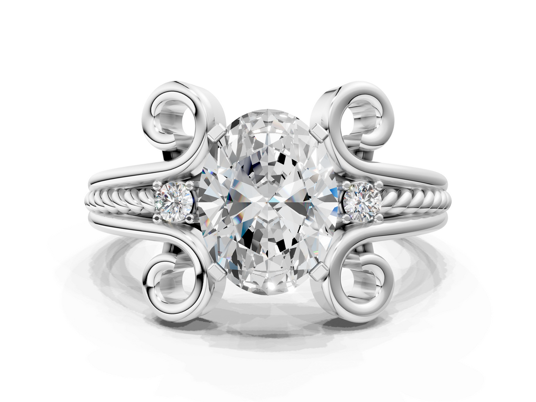 White gold Oval Solitaire Twisted Band Scroll Prong Ring_3