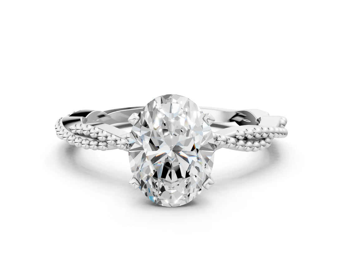 White gold Oval Solitaire Twisted Band with Bead Prong Setting_428