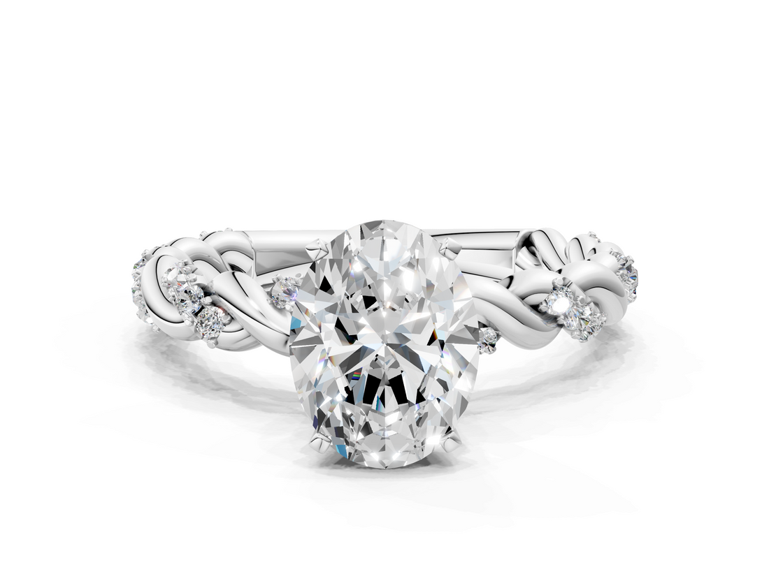 White gold Oval Solitaire Twisted Band with Pavé Accents and Four-Prong Setting_30