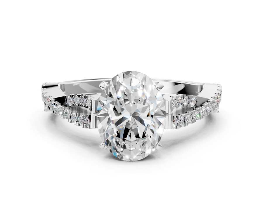 White gold Oval Solitaire Twisted Pave Diamond Engagement Ring with Four-Prong Setting