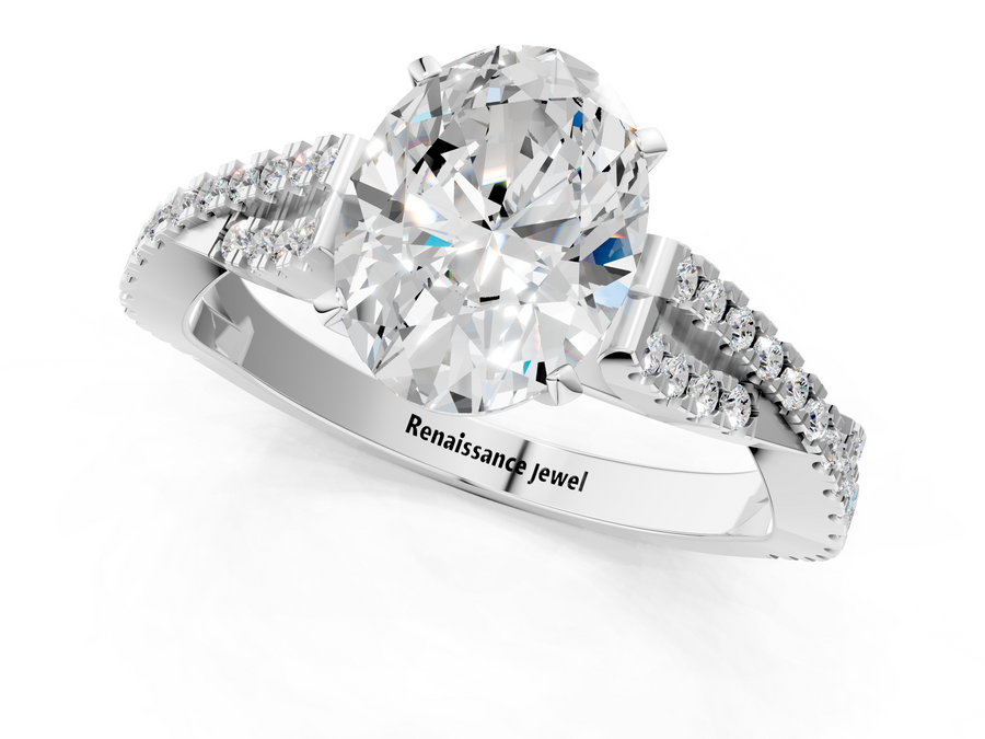 White gold Oval Solitaire Twisted Pave Diamond Engagement Ring with Four-Prong Setting