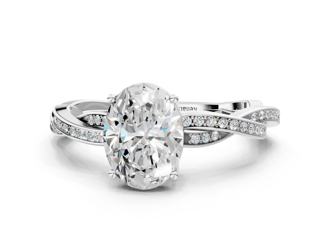 White gold Oval Solitaire Twisted Pave Diamond Ring with Four-Prong Setting_129