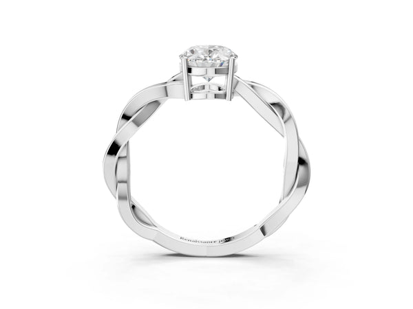 White gold Oval Solitaire Twisted Pave Diamond Ring with Four-Prong Setting