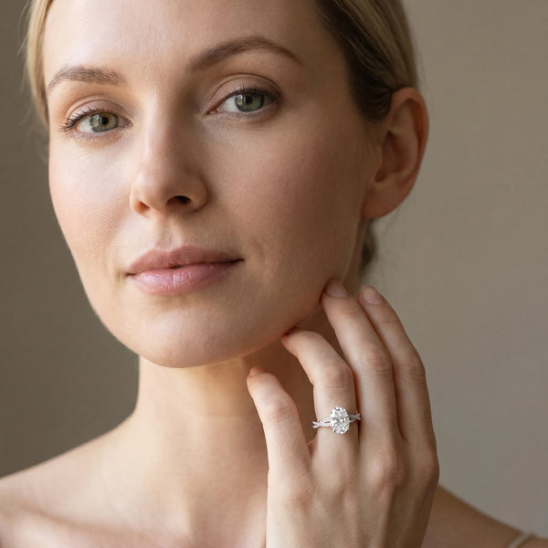 White gold Oval Solitaire Twisted Pave Diamond Ring with Four-Prong Setting
