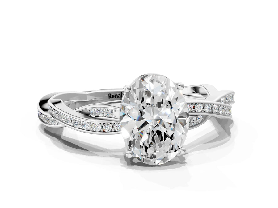 White gold Oval Solitaire Twisted Pave Diamond Ring with Four-Prong Setting
