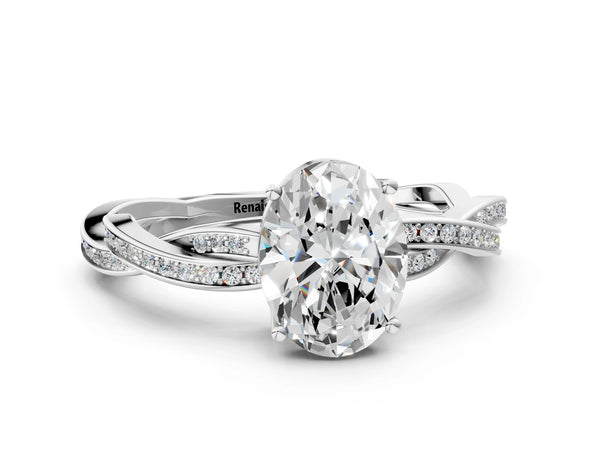 White gold Oval Solitaire Twisted Pave Diamond Ring with Four-Prong Setting