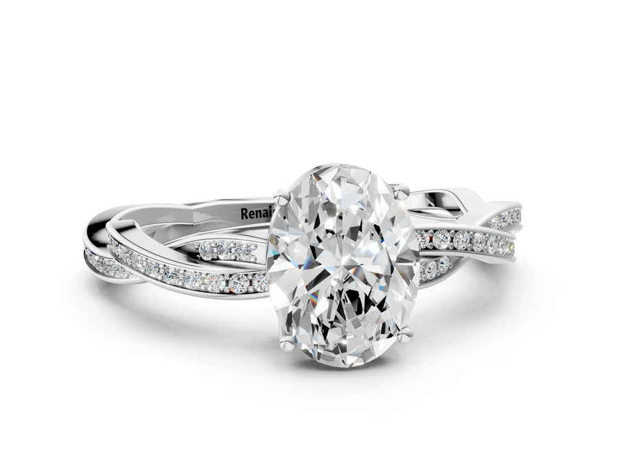 White gold Oval Solitaire Twisted Pave Diamond Ring with Four-Prong Setting