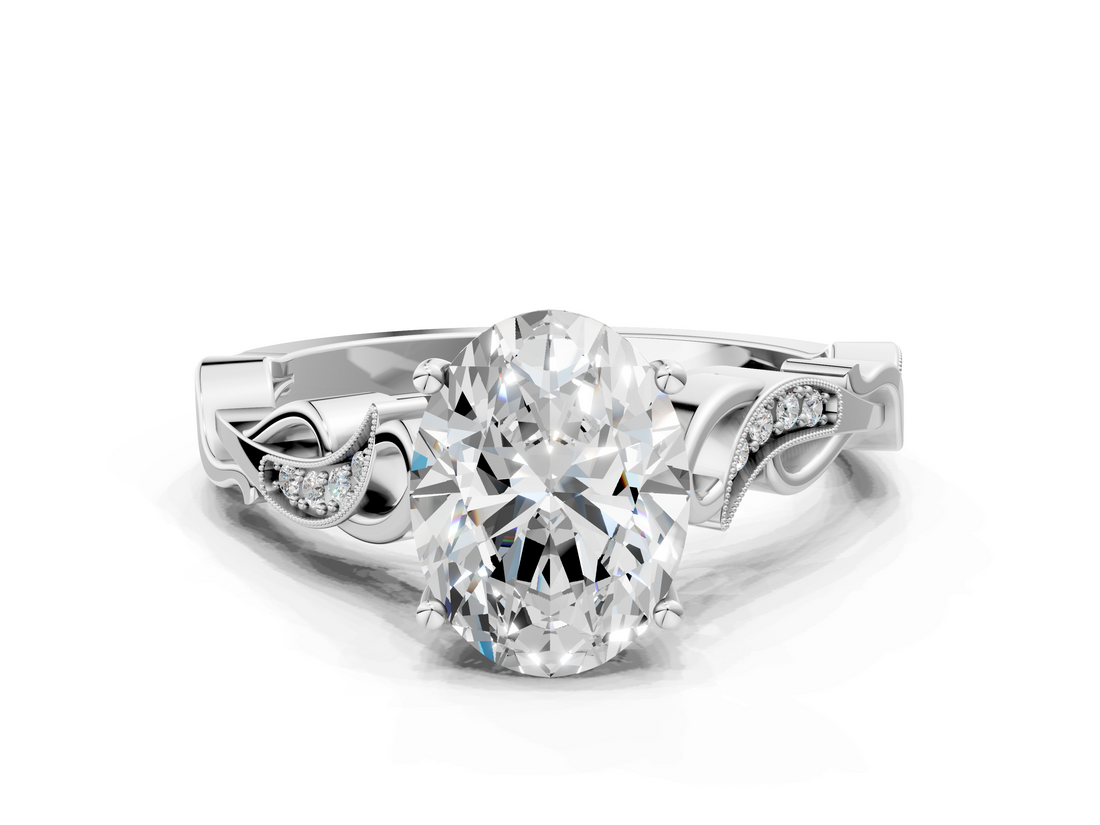 White gold Oval Solitaire Vine Band with Milgrain Prong Setting_24