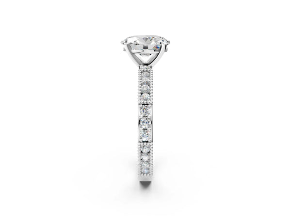 Platinum Oval Vintage Solitaire Engagement Ring Setting with Milgrain-Edge Pave Band