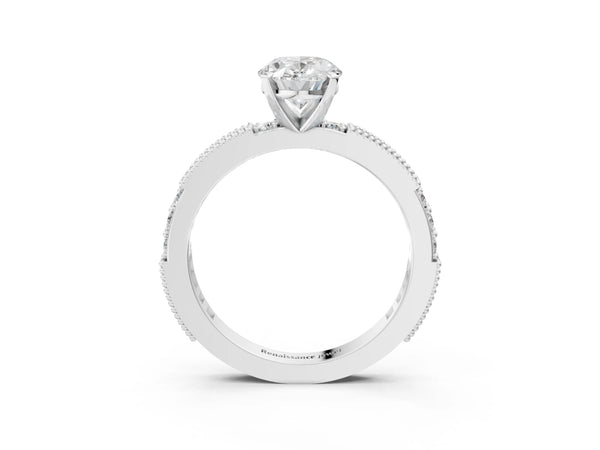 Platinum Oval Vintage Solitaire Engagement Ring Setting with Milgrain-Edge Pave Band