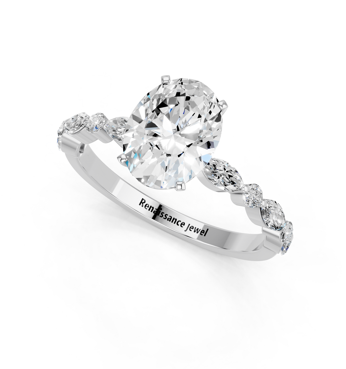 10K White Gold 2.00 Carat F VS1 Oval Solitaire with Side Stones on a Pavé Band and Four-Prong Setting