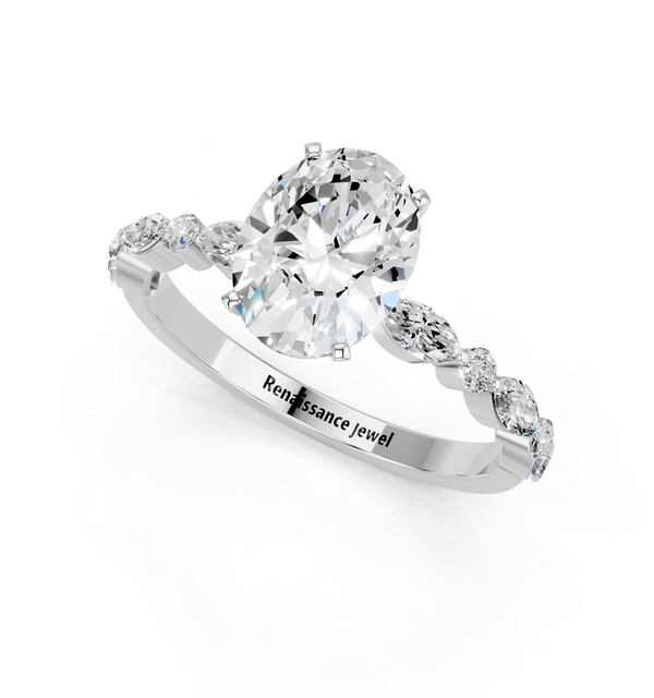 10K White Gold 2.00 Carat F VS1 Oval Solitaire with Side Stones on a Pavé Band and Four-Prong Setting