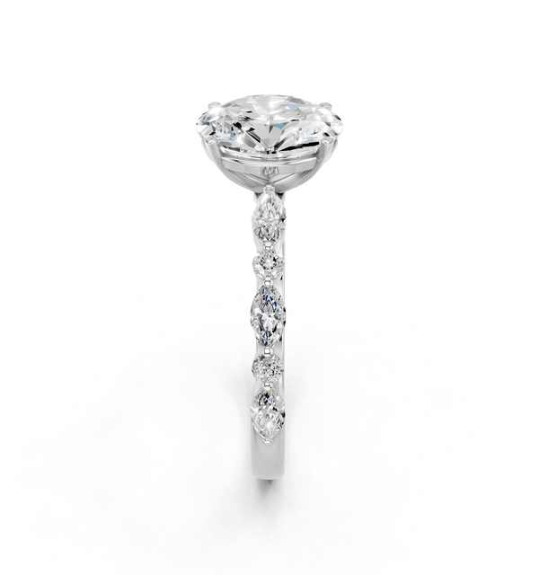 10K White Gold 2.00 Carat F VS1 Oval Solitaire with Side Stones on a Pavé Band and Four-Prong Setting