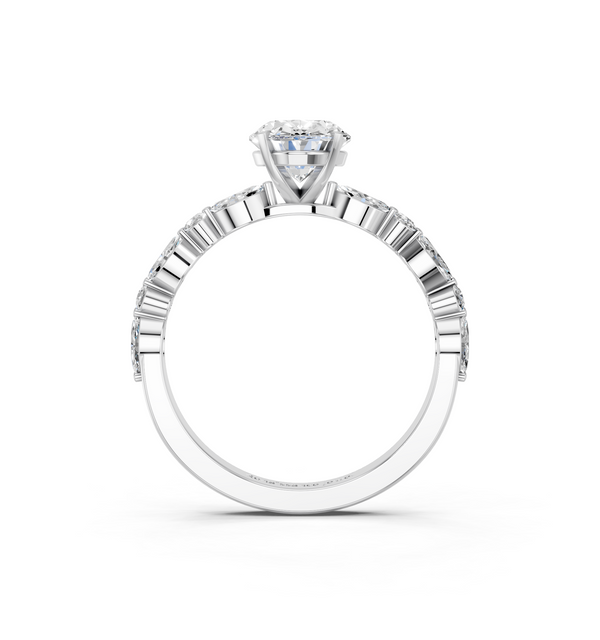 10K White Gold 2.00 Carat F VS1 Oval Solitaire with Side Stones on a Pavé Band and Four-Prong Setting
