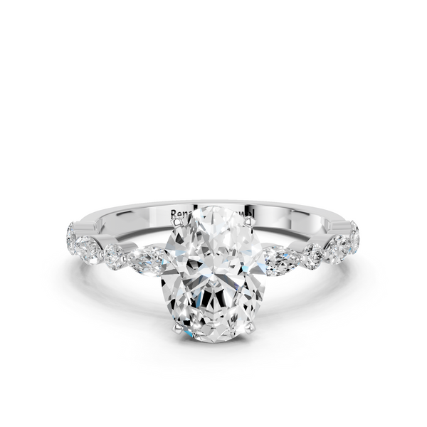 10K White Gold 2.00 Carat F VS1 Oval Solitaire with Side Stones on a Pavé Band and Four-Prong Setting