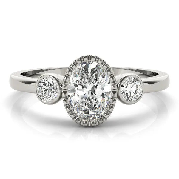 White gold Oval Three-Stone Bezel Set Diamond Ring with Solitaire Band