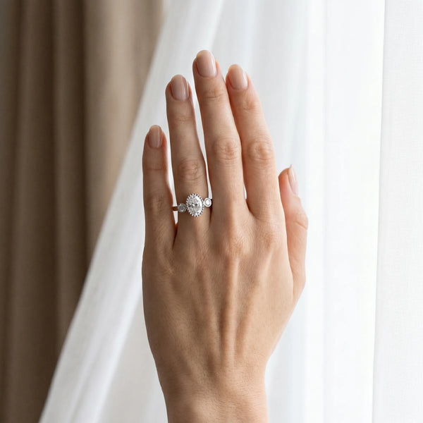 White gold Oval Three-Stone Bezel Set Diamond Ring with Solitaire Band