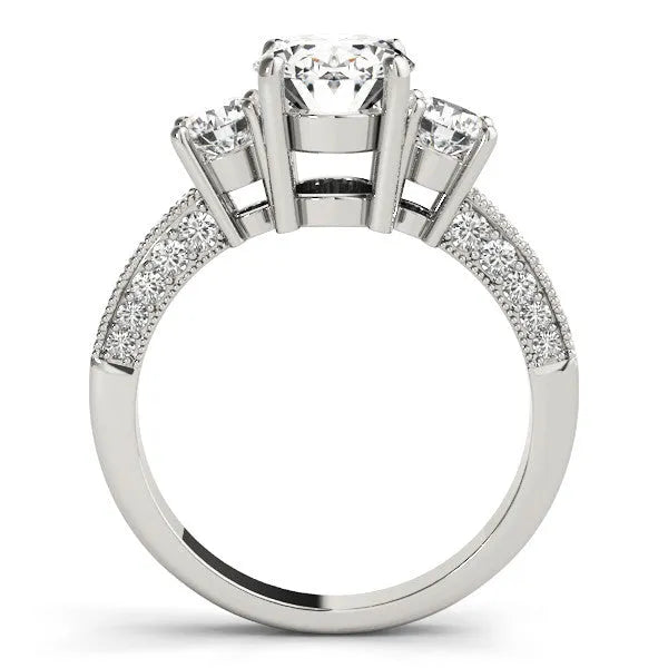 White gold Oval Three-Stone Diamond Ring with Pavé Band and Four-Prong Setting