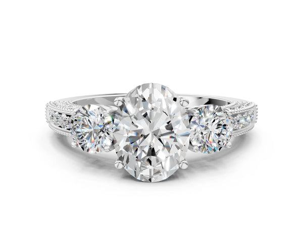 White gold Oval Three-Stone Diamond Ring with Pavé Band and Four-Prong Setting
