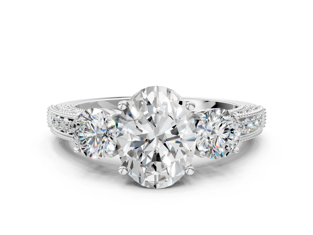 White gold Oval Three-Stone Diamond Ring with Pavé Band and Four-Prong Setting_26