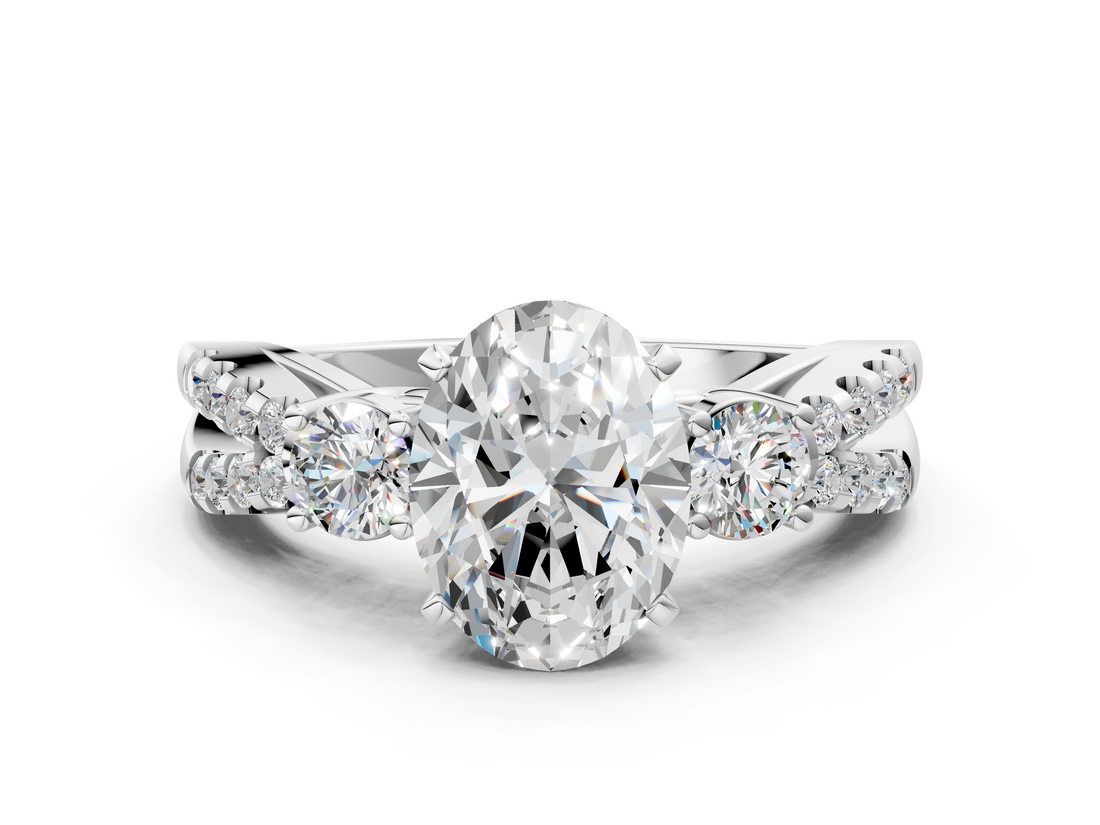 White gold Oval Three-Stone Diamond Ring with Pavé Split Shank and Four-Prong Setting_107