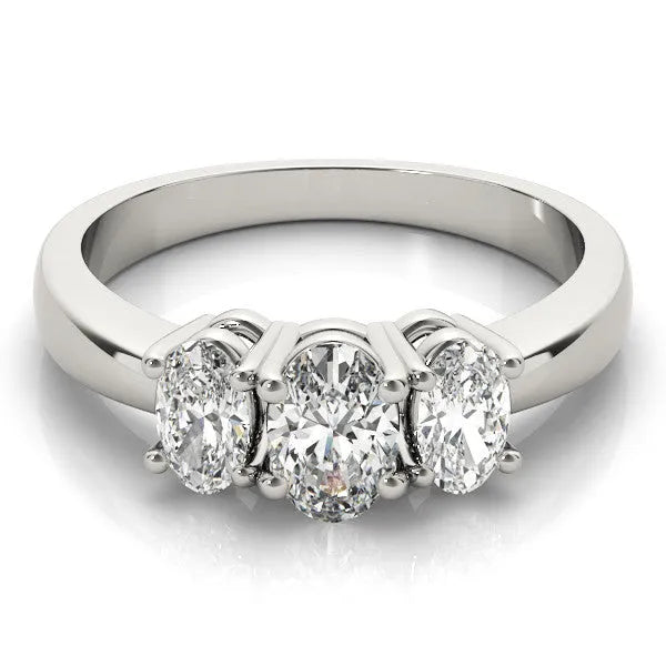 White gold Oval Three-Stone Diamond Ring with Solitaire Band and Four-Prong Setting