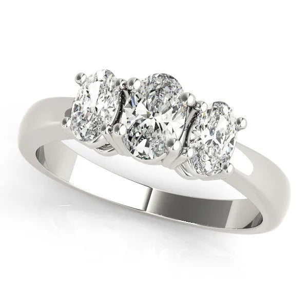 White gold Oval Three-Stone Diamond Ring with Solitaire Band and Four-Prong Setting