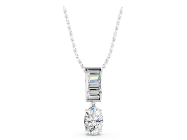Platinum Oval and Baguette Diamond Drop Pendant