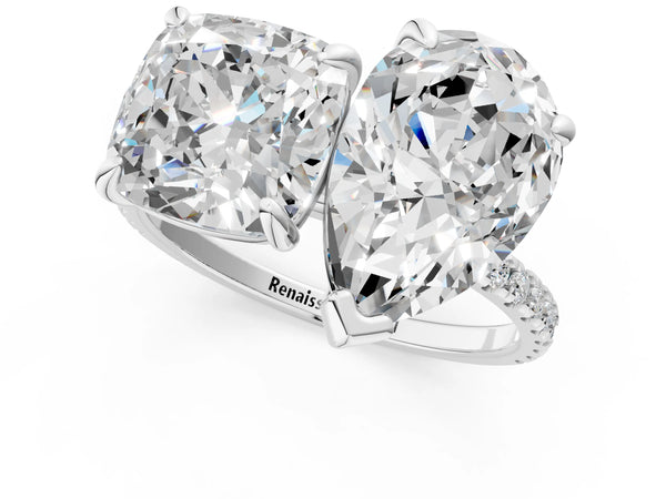 White gold Oval and Cushion Toi Moi Ring with Prong Setting and Micro Pave Band