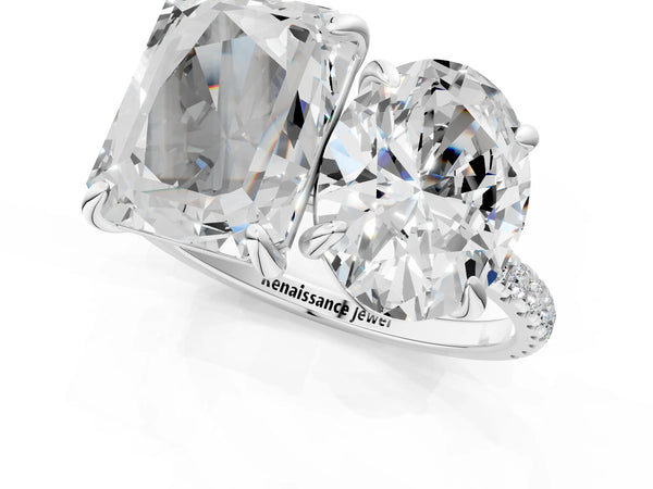 White gold Oval and Emerald Toi Moi Ring with Prong Setting and Micro Pave Band