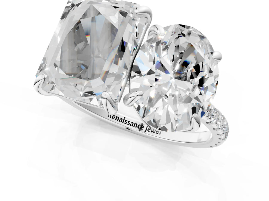 White gold Oval and Emerald Toi Moi Ring with Prong Setting and Micro Pave Band