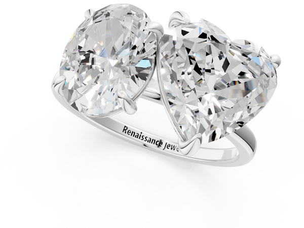 Silver 2.01 Carat D VVS2 Oval and Heart Toi Moi Ring with Prong Setting and Plain Band