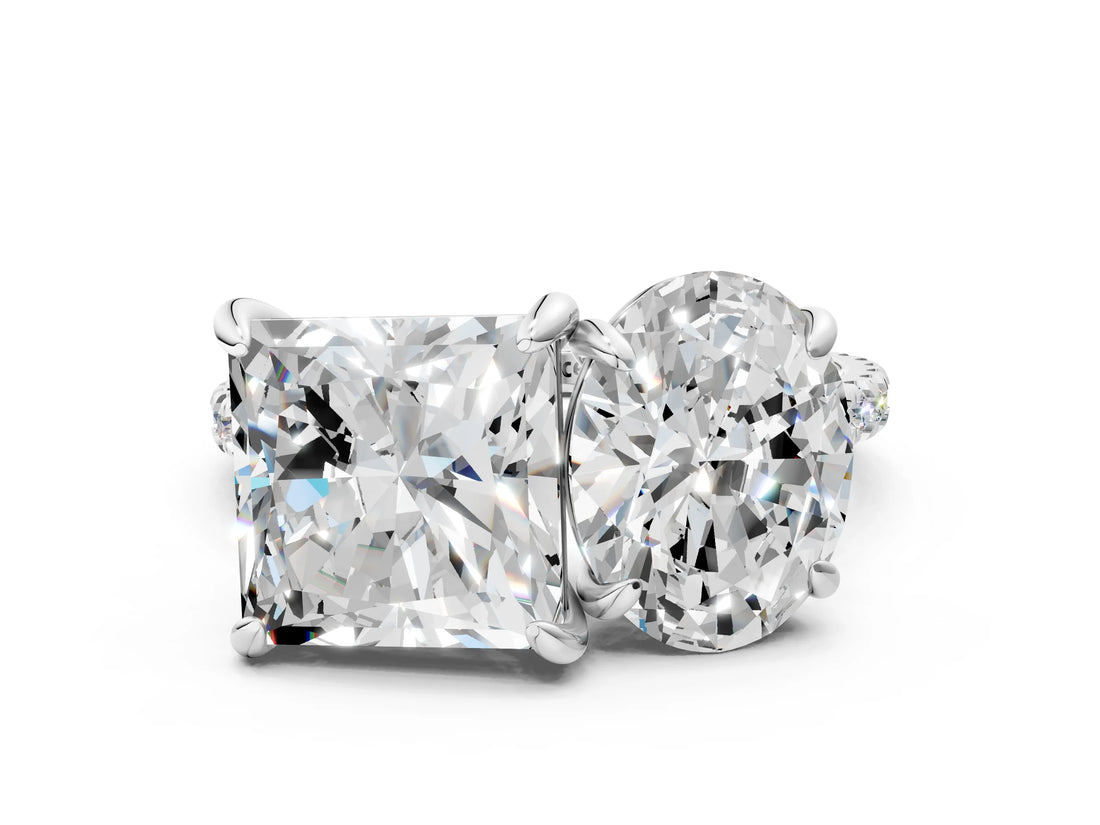 White gold Oval and Princess Toi Moi Ring with Prong Setting and Pave Band