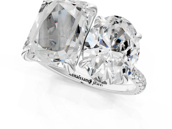 White gold Oval and Radiant Toi Moi Ring with Prong Setting and Micro Pave Band