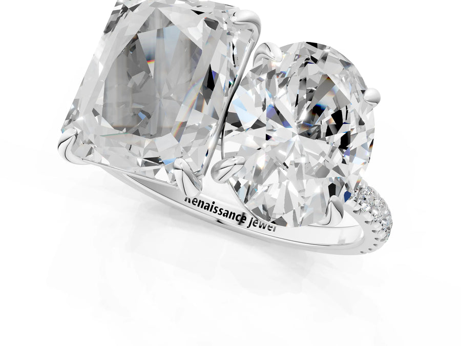 White gold Oval and Radiant Toi Moi Ring with Prong Setting and Micro Pave Band