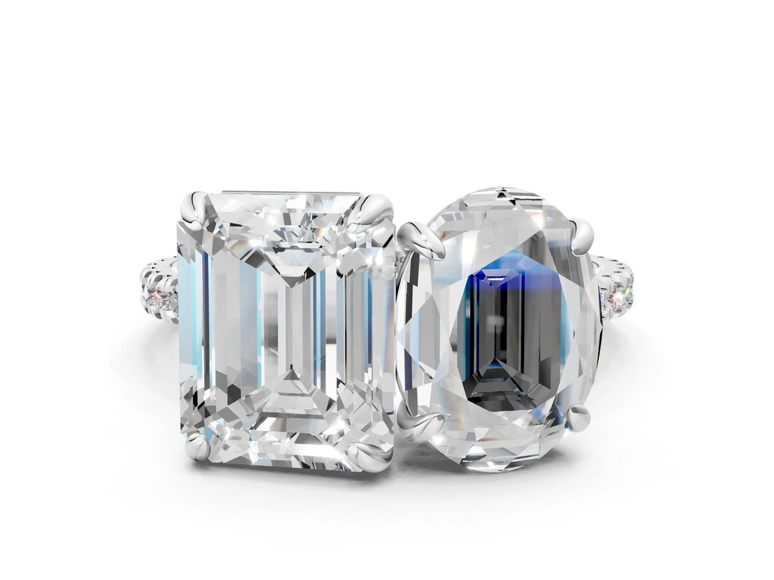 White gold Oval and Radiant Toi Moi Ring with Prong Setting and Pave Band_105