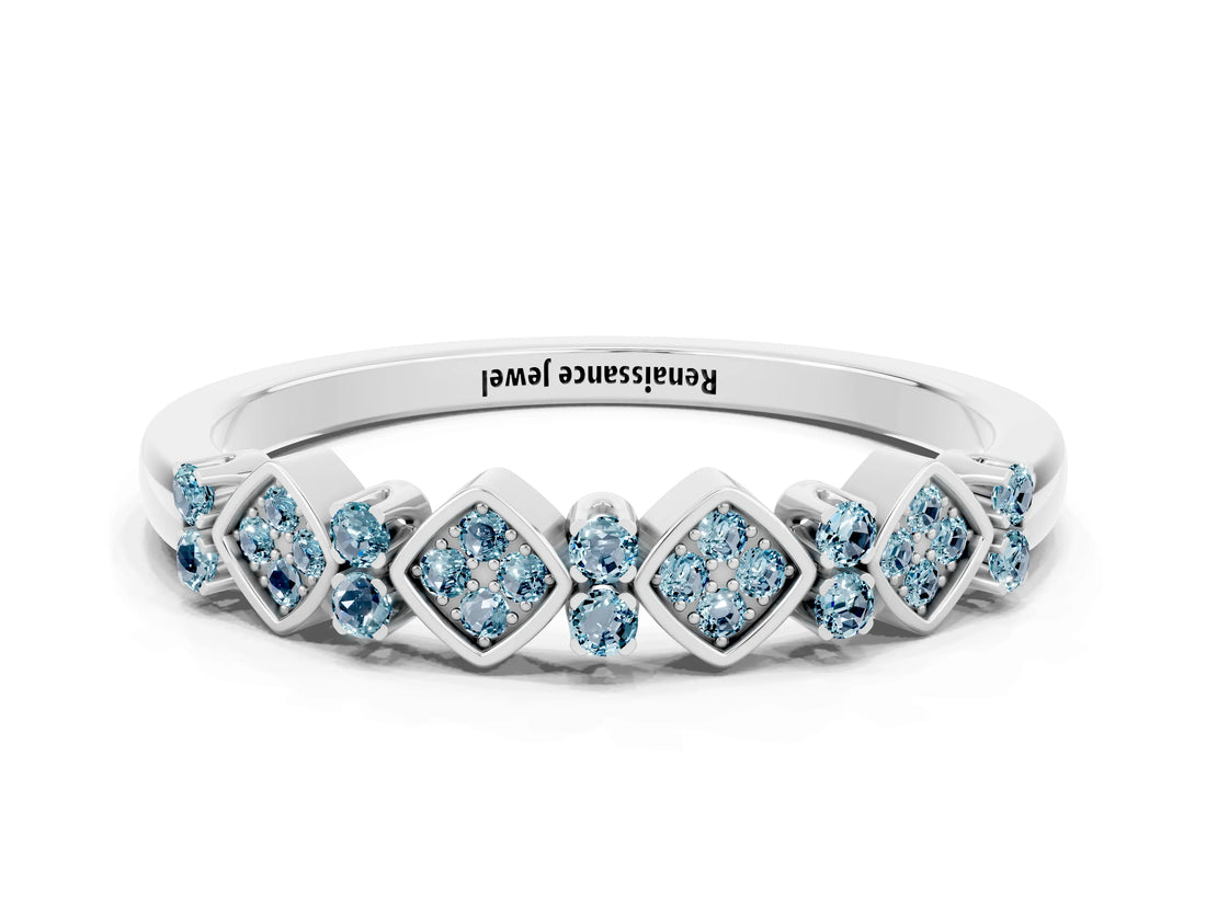 White gold Pavé Cushion Aquamarine Cluster Eternity Band with Prong Setting_6